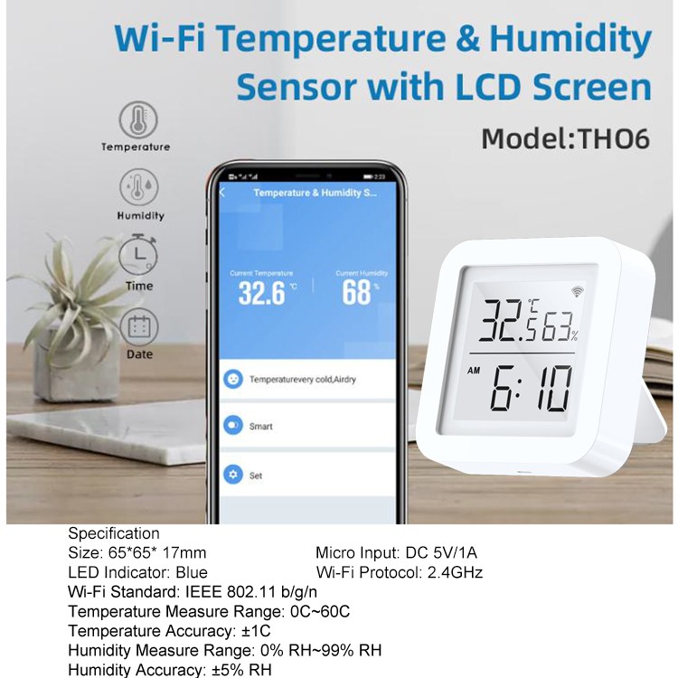 WiFi Temperature and Humidity Sensor,Tuya Smart Hygrometer Thermometer with LCD Display,Compatible with Alexa,App Notification Alert,Temperature